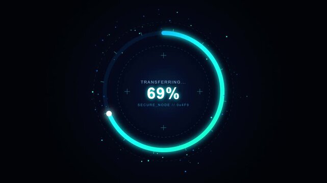 Futuristic circular progress bar loading animation 0 to 100 percent, glowing cyan blue HUD data transfer interface on dark background 4K