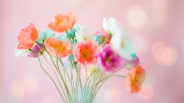 Dreamy bouquet of poppy-like flowers intentionally blurred into coral, orange, white, aqua and magenta shapes, soft-focus fine-art photography, long slender green stems, pastel pink background,