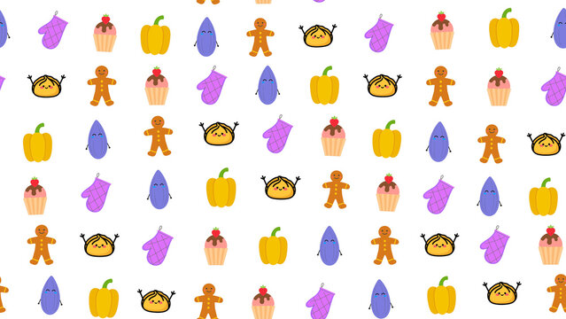 Cute food and kitchen pattern with gingerbread, cupcakes, and peppers