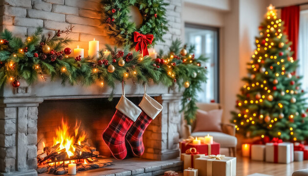 Cozy Holiday Scene With Fireplace, Stockings, and Decorated Christmas Tree in Living Room