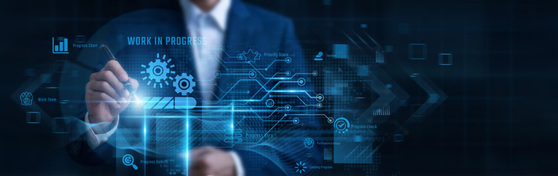 Businessman Pointing Work In Progress, ongoing project execution timeline and task status tracking, active project development phase, incomplete task status, agile task monitoring, workflow stage