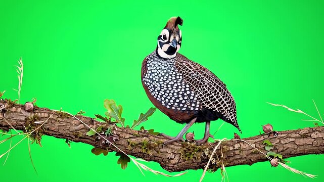 Camera orbits around Montezuma quail perched on a branch against a bright green screen, showcasing their distinct features, behaviors, and natural surroundings