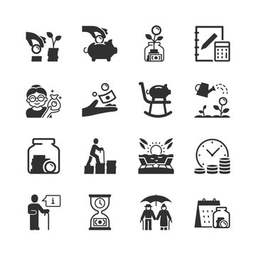 Retirement savings and financial planning, monochrome icons set. Pension income, long term savings, investment growth, personal finance, retirement fund, money accumulation. Black and white symbols