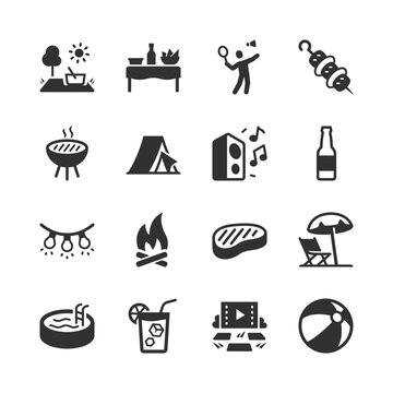 Summer party and barbecue, monochrome icons set. Outdoor BBQ gathering, picnic and camping, grilled food and drinks, music, pool party, beach leisure. Black and white symbols