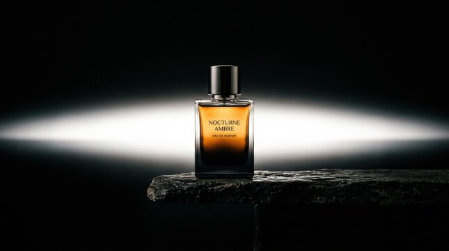 Small rectangular bottle filled with an amber-to-black gradient liquid, centered on a narrow stone ledge before a luminous white horizon, luxury fragrance advertising, dramatic black surroundings,