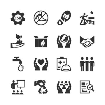 Corporate social responsibility, monochrome icons set. CSR business practices, environmental sustainability, employee welfare, community support, ethical management. Black and white symbols