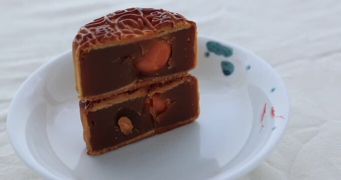 Traditional Chinese sweet dessert for celebrating the Chinese mid autumn festival.Chinese words mean: Two egg yolks white lotus seed paste mooncake.	
