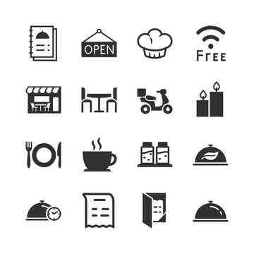 Restaurant and food service, monochrome icons set. Dining establishment, menu and table service, chef and waiter, food delivery, reservation, takeaway, cafe service and hospitality