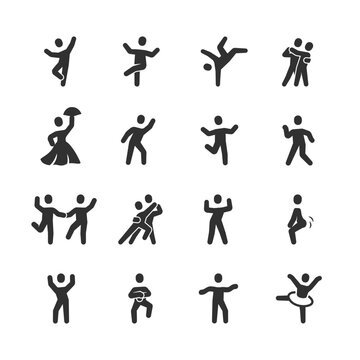 Dance and dancing people, monochrome icons set. Dancing poses, solo and couple dance, choreography, rhythmic movement, performance, entertainment, party and dance activity. Black and white symbols