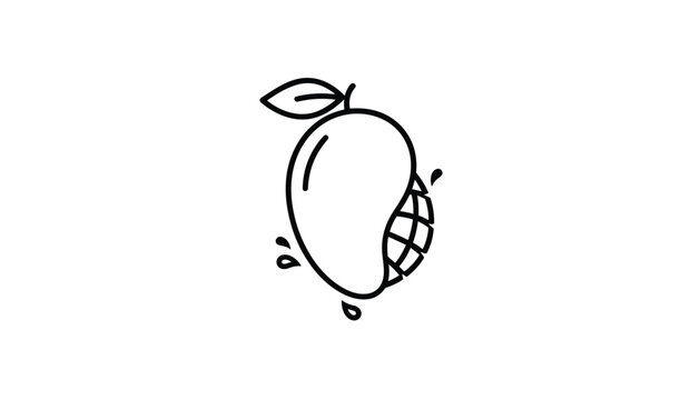 Minimalist line art icon of a whole organic mango fruit with a leaf and juice droplets for healthy food branding.