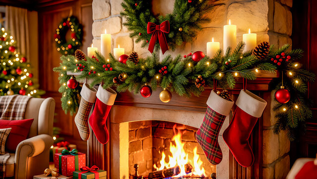 Christmas Decorations on a Fireplace With Stockings and a Decorated Tree in a Cozy Room