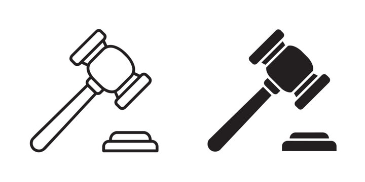Judge gavel line and solid vector icon set