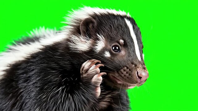 Dolly in on a striped skunk on a vivid green screen, as it pauses to groom itself, showcasing detailed fur texture and charming personality traits