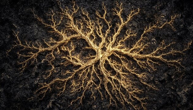 Abstract golden lightning pattern resembling a tree root system against a dark volcanic textured background
