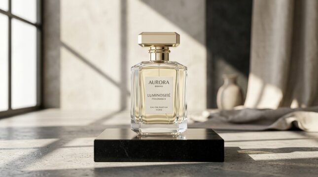 Clear glass fragrance bottle displayed on a black rectangular pedestal in a sunlit neutral studio, luxury product photography, crystal, pale gold, cream and charcoal palette, sharp reflective