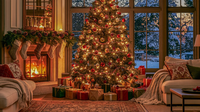 Cozy Interior With a Christmas Tree and Gifts Near a Fireplace During Winter Evening