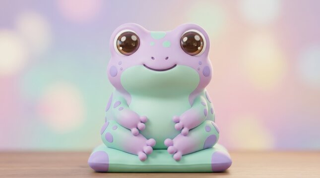 Cute pastel frog sitting upright and looking forward, soft 3D cartoon render, lavender and mint-green skin, oversized glossy eyes, smooth toy-like material, gentle studio lighting, charming isolated