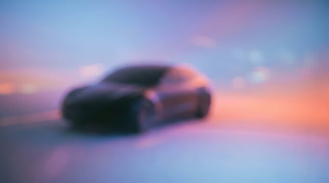 Blurred dark object resembling a compact car or sculptural form against a dreamy gradient background of powder blue, violet and coral light, intentionally defocused conceptual photography, soft