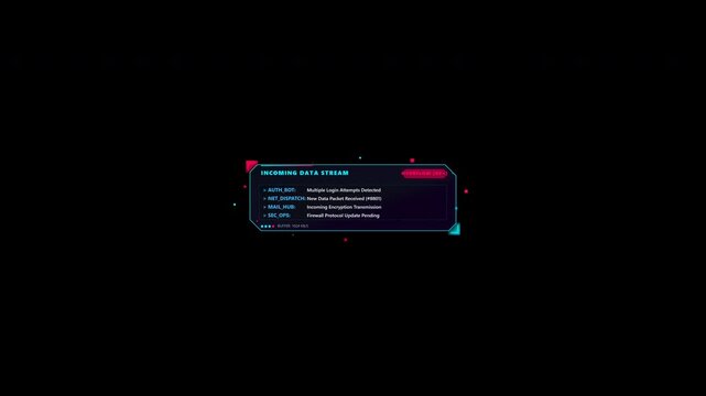 Futuristic 6-second motion graphic featuring a glowing neon HUD frame, streaming scrolling incoming emails matrix console, alert status indicator, and glitch dissolve effect on a transparent backgroun