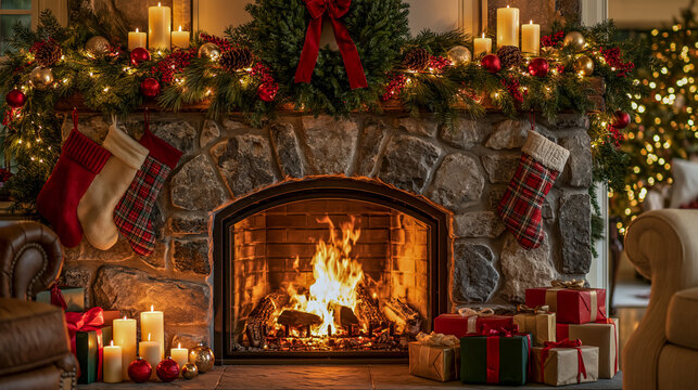 Warm Fire in a Cozy Living Room Decorated for the Holidays With Gifts and Stockings