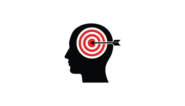 Black silhouette of a human profile with a red and white target and arrow in the head region to represent mental focus or goals.