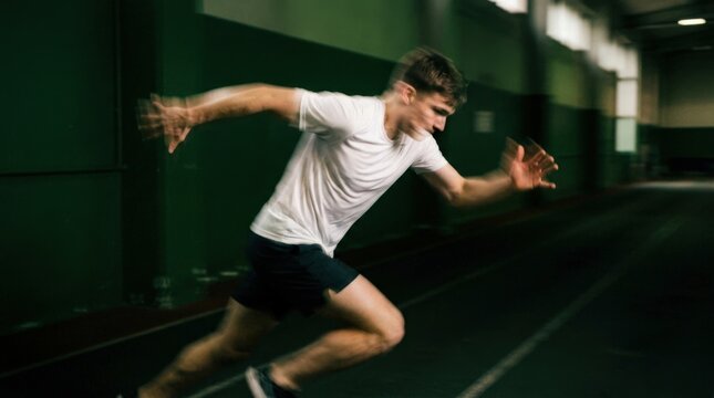 Young athlete in a white sports shirt captured during rapid movement, face and arms intentionally smeared by strong motion blur against a deep green-black background, experimental sports photography,