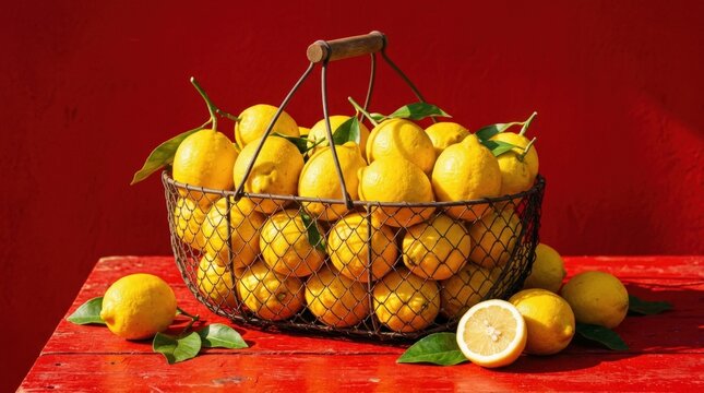 Basket filled with fresh lemons on a saturated red surface and red backdrop, bold food still-life photography, glowing yellow fruit, warm hard sunlight, strong complementary color contrast, graphic