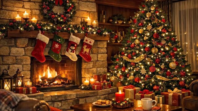 Cozy Christmas Interior with Burning Fireplace and Decorated Tree