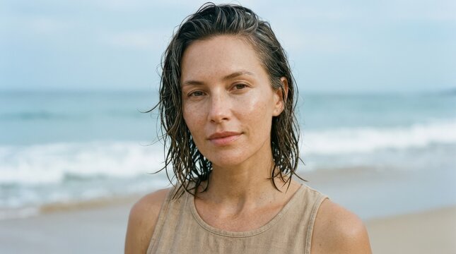 Wet-haired woman looking toward camera beside the ocean, close-up natural beauty portrait, soft blue sea and sky behind her, dewy realistic skin, minimal makeup, pale blue and warm beige palette,