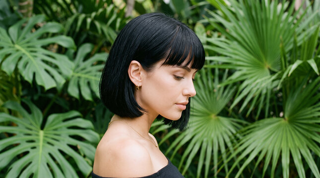 Beautiful woman with short black hair standing among lush green tropical leaves perfect for natural skincare and organic beauty concepts