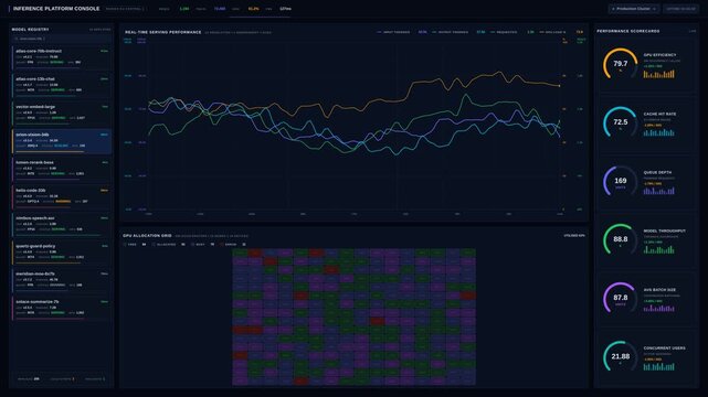 Explore a sleek AI Inference Platform dashboard showcasing models, requests, GPUs, and performance metrics with a modern design and animated elements.