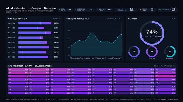 Explore a detailed AI infrastructure dashboard showcasing GPU utilization, inference capacity, and compute load with vibrant visual metrics and sleek dark-mode design.