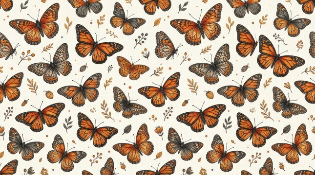 Repeating orange, black and gray butterflies on an off-white background, decorative natural-history pattern, hand-drawn wing details, playful scattered composition, warm autumn palette, seamless