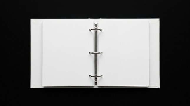 Blank white ring-binder notebook opened against a deep black background, minimalist stationery mockup photography, metal rings sharply defined, centered high-contrast composition, clean empty pages,