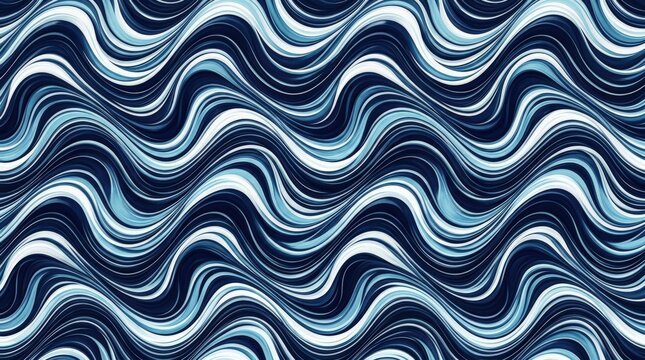 Abstract flowing waves in deep navy, white and icy blue, high-contrast digital or textile pattern, sinuous layered curves, glossy highlights, repeating rhythm and sophisticated futuristic graphic