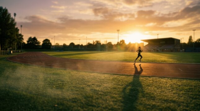 Runner moving across a sunlit sports field in the distance, atmospheric athletic photography, warm backlight, hazy green turf, long shadows, shallow depth and motion, fitness and endurance concept
