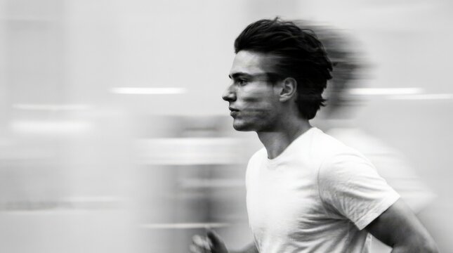 Young man in profile captured in high-key black-and-white motion blur, white T-shirt, soft gray background, horizontal streaking across hair and face, minimalist experimental portrait photography and
