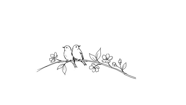 Two birds sitting on a branch with flowers
