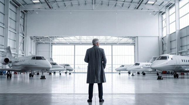 Businessman Standing in Hangar with Private Luxury Jets
