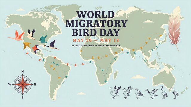 World migratory bird day infographic with map and birds