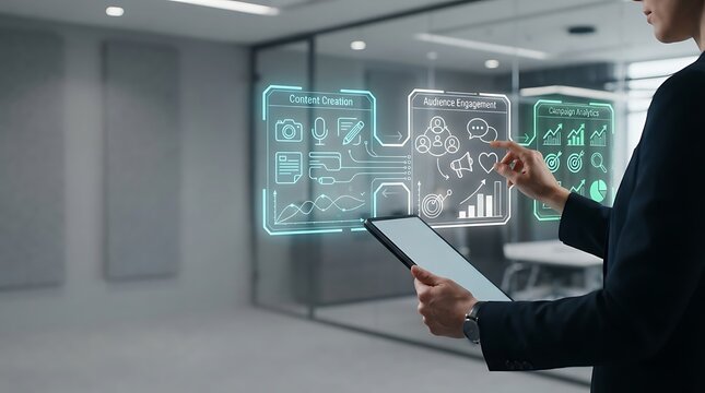 Futuristic technology integration a business professional interacts with a complex holographic interface in a modern office setting
