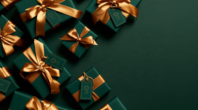 Green Christmas Gift Boxes with Gold Ribbons and Copy Space