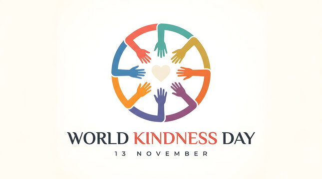 Abstract circular design of colorful human arms reaching towards a central heart for world kindness day