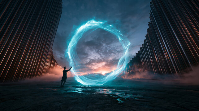 Person Standing Near Glowing Sci-Fi Energy Portal at Dusk