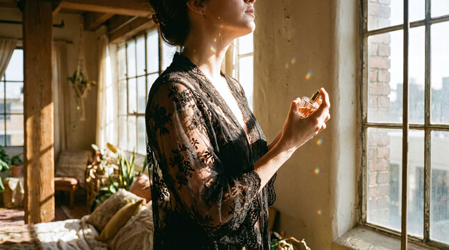 Woman holding perfume by window in loft room