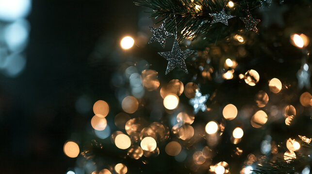 Christmas Tree Decorated with Shining Stars and Bokeh Lights