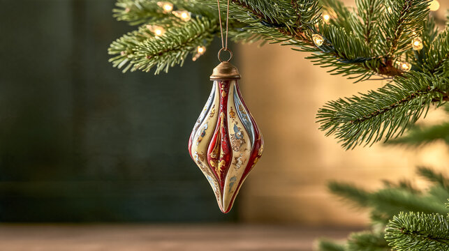 Beautiful Christmas Ornament Hanging on a Tree Branch With Lights and Greenery