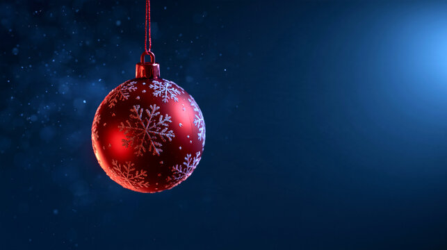 Red Christmas Ornament Hanging Against Blue Festive Background