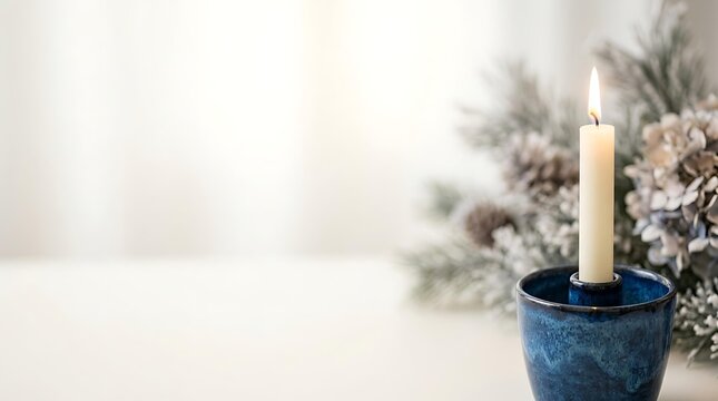 Minimalist Christmas candle glowing in blue ceramic on white background for festive Christmas candle mood and cozy Christmas candle holiday decor with copy space for text.

