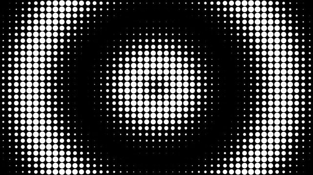 An abstract motion graphics background featuring a grid of white halftone dots with pulsing radial size variations and zoom effects on a pure black background, inspired by retro patterns[cite: 12].